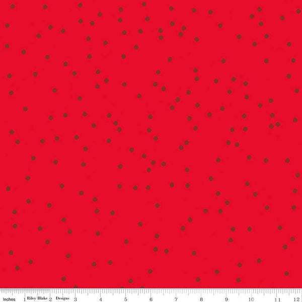 Image of On The Dot Cardinals quilting cotton fabric by Sew Yeah Quilting for Riley Blake Designs. Features dots on a red background. Cute Little Fabric Shop