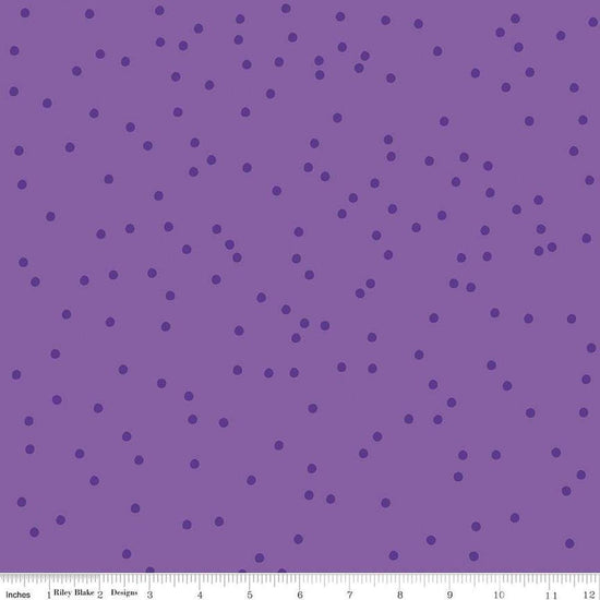 Image of On The Dot Concord quilting cotton fabric by Sew Yeah Quilting for Riley Blake Designs. Features dots on a purple background. Cute Little Fabric Shop