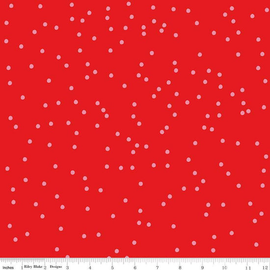 Image of On The Dot Ruby quilting cotton fabric by Sew Yeah Quilting for Riley Blake Designs. Features dots on a red background. Cute Little Fabric Shop