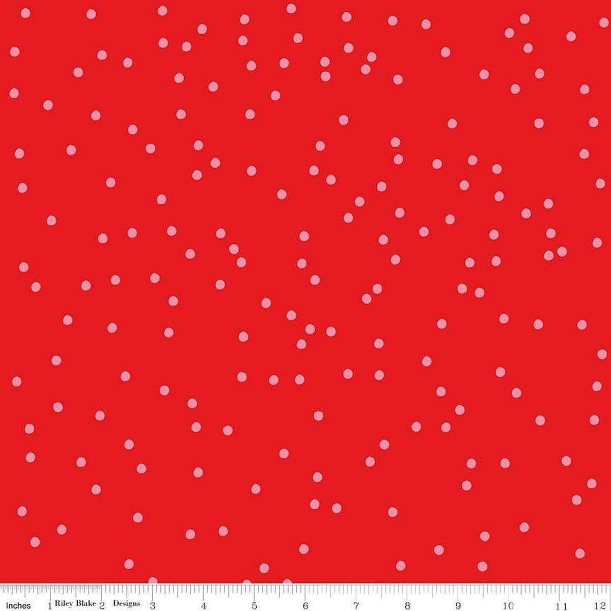 Image of On The Dot Ruby quilting cotton fabric by Sew Yeah Quilting for Riley Blake Designs. Features dots on a red background. Cute Little Fabric Shop