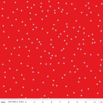 Image of On The Dot Ruby quilting cotton fabric by Sew Yeah Quilting for Riley Blake Designs. Features dots on a red background. Cute Little Fabric Shop