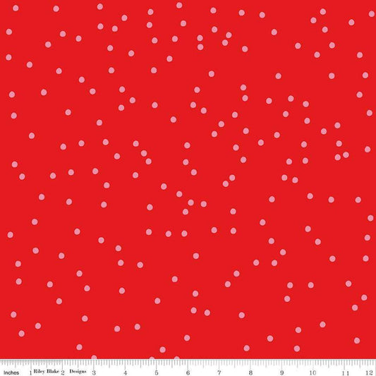 Image of On The Dot Ruby quilting cotton fabric by Sew Yeah Quilting for Riley Blake Designs. Features dots on a red background. Cute Little Fabric Shop