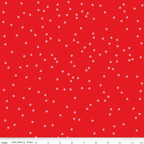 Image of On The Dot Ruby quilting cotton fabric by Sew Yeah Quilting for Riley Blake Designs. Features dots on a red background. Cute Little Fabric Shop
