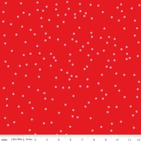 Image of On The Dot Ruby quilting cotton fabric by Sew Yeah Quilting for Riley Blake Designs. Features dots on a red background. Cute Little Fabric Shop