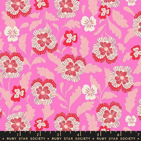 Image of Hello Alice Violets Lipstick quilting cotton fabric by Ruby Star Society for Moda Fabrics. Features flowers on a pink background. Cute Little Fabric Shop