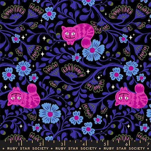 Image of Hello Alice Cheshire Black quilting cotton fabric by Ruby Star Society for Moda Fabrics. Features flowers on a black background. Cute Little Fabric Shop