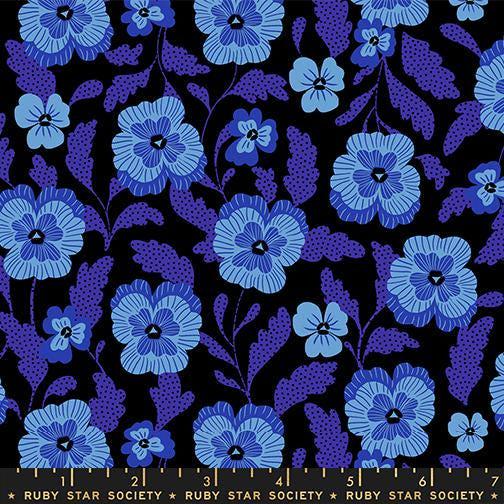 Image of Hello Alice Violets Black quilting cotton fabric by Ruby Star Society for Moda Fabrics. Features flowers on a black background. Cute Little Fabric Shop