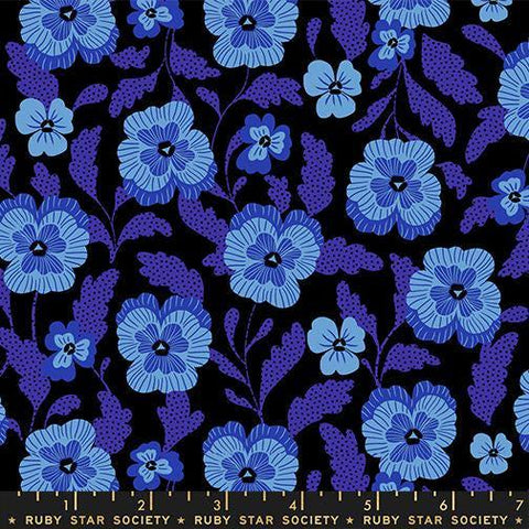 Image of Hello Alice Violets Black quilting cotton fabric by Ruby Star Society for Moda Fabrics. Features flowers on a black background. Cute Little Fabric Shop