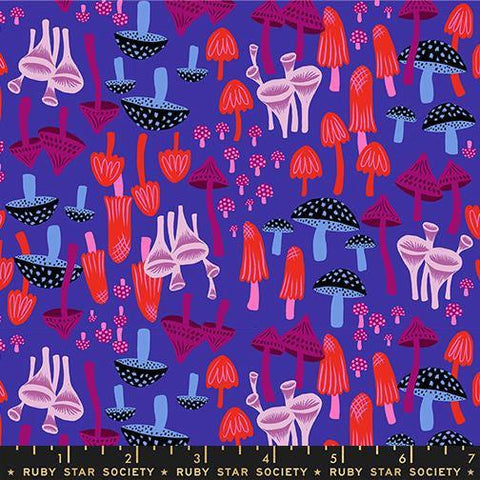Image of Hello Alice Mushroom Blacklight quilting cotton fabric by Ruby Star Society for Moda Fabrics. Features mushrooms on a blue background. Cute Little Fabric Shop