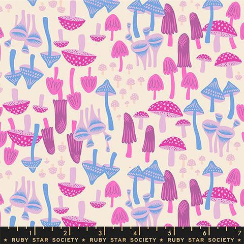 Image of Hello Alice Mushroom Shell quilting cotton fabric by Ruby Star Society for Moda Fabrics. Features mushrooms on a cream background. Cute Little Fabric Shop
