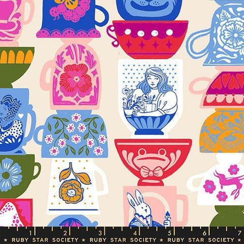 Image of Hello Alice Tea Shell quilting cotton fabric by Ruby Star Society for Moda Fabrics. Features teacups on a cream background. Cute Little Fabric Shop