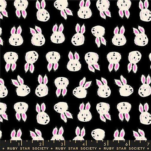 Image of Hello Alice Rabbit Black quilting cotton fabric by Ruby Star Society for Moda Fabrics. Features rabbits on a black background. Cute Little Fabric Shop