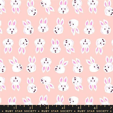 Image of Hello Alice Rabbit Vintage Pink quilting cotton fabric by Ruby Star Society for Moda Fabrics. Features rabbits on a pink background. Cute Little Fabric Shop