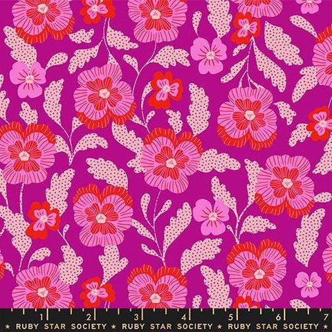 Image of Hello Alice Violets Berry quilting cotton fabric by Ruby Star Society for Moda Fabrics. Features flowers on a purple background. Cute Little Fabric Shop