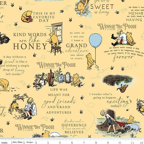 Image of Winnie the Pooh Main Sunshine quilting cotton fabric by Echo Park Paper Co for Riley Blake Designs. Features quotes on a yellow background. Cute Little Fabric Shop