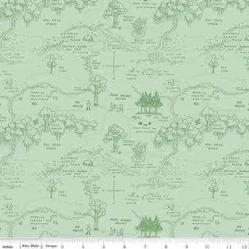 Image of Winnie the Pooh Map Green quilting cotton fabric by Echo Park Paper Co for Riley Blake Designs. Features map on a green background. Cute Little Fabric Shop