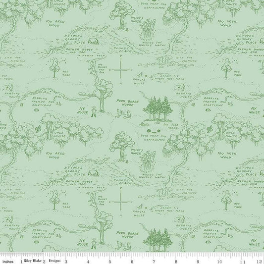 Image of Winnie the Pooh Map Green quilting cotton fabric by Echo Park Paper Co for Riley Blake Designs. Features map on a green background. Cute Little Fabric Shop