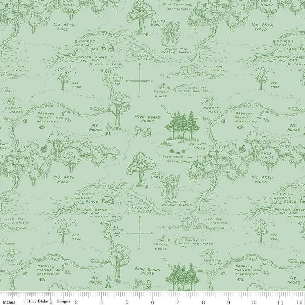 Image of Winnie the Pooh Map Green quilting cotton fabric by Echo Park Paper Co for Riley Blake Designs. Features map on a green background. Cute Little Fabric Shop