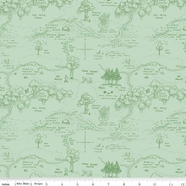 Image of Winnie the Pooh Map Green quilting cotton fabric by Echo Park Paper Co for Riley Blake Designs. Features map on a green background. Cute Little Fabric Shop