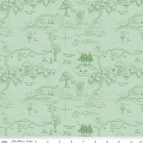 Image of Winnie the Pooh Map Green quilting cotton fabric by Echo Park Paper Co for Riley Blake Designs. Features map on a green background. Cute Little Fabric Shop