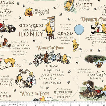Image of Winnie the Pooh Main Cream quilting cotton fabric by Echo Park Paper Co for Riley Blake Designs. Features quotes on a cream background. Cute Little Fabric Shop