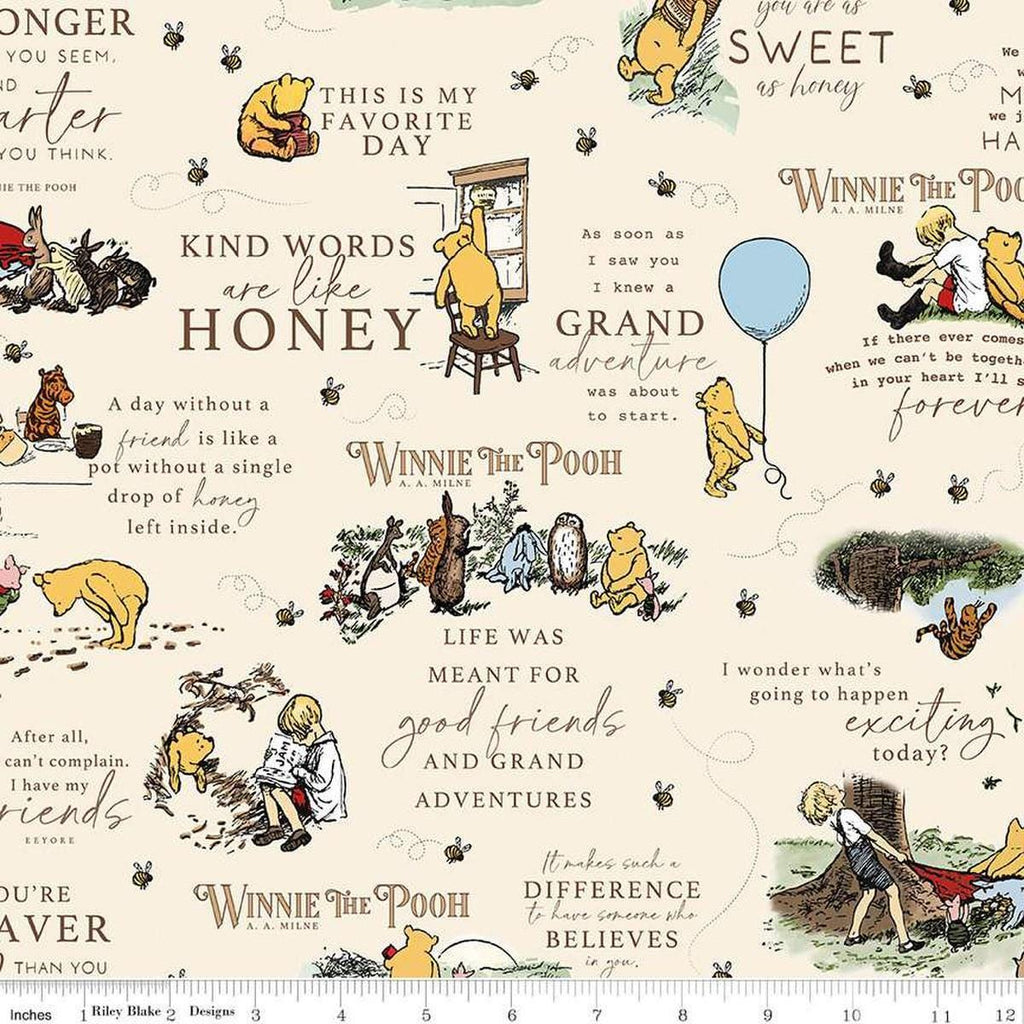Image of Winnie the Pooh Main Cream quilting cotton fabric by Echo Park Paper Co for Riley Blake Designs. Features quotes on a cream background. Cute Little Fabric Shop