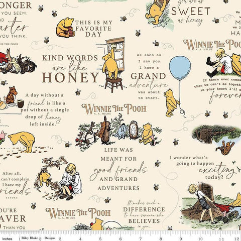Image of Winnie the Pooh Main Cream quilting cotton fabric by Echo Park Paper Co for Riley Blake Designs. Features quotes on a cream background. Cute Little Fabric Shop