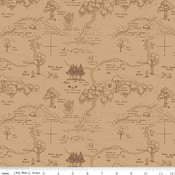 Image of Winnie the Pooh Map Brown quilting cotton fabric by Echo Park Paper Co for Riley Blake Designs. Features map on a brown background. Cute Little Fabric Shop