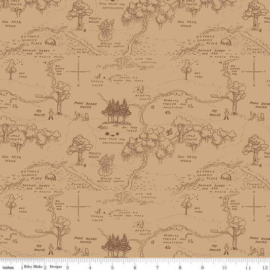 Image of Winnie the Pooh Map Brown quilting cotton fabric by Echo Park Paper Co for Riley Blake Designs. Features map on a brown background. Cute Little Fabric Shop