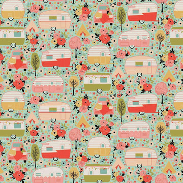 Fat Quarter End of Bolt - SALE Joy in the Journey Main C10680 Mint - Riley Blake - Camping Trailers Flowers Trees - Quilting Cotton Fabric