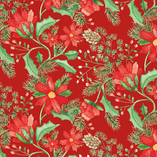 16" End of Bolt - DEAL Adel in Winter Main C12260 Red - Riley Blake Designs - Christmas Floral Flowers Leaf Leaves - Quilting Cotton Fabric