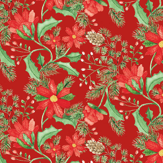 11" End of Bolt - DEAL Adel in Winter Main C12260 Red - Riley Blake Designs - Christmas Floral Flowers Leaf Leaves - Quilting Cotton Fabric