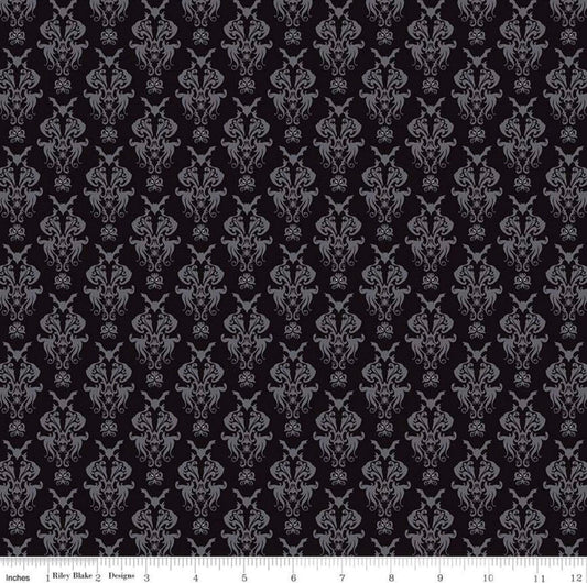 25" End of Bolt - DEAL Spooky Hollow Damask C10571 Black - Riley Blake Designs - Halloween Bats Spiders Spooky Eyes - Quilting Cotton Fabric