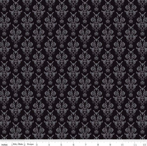 SALE Spooky Hollow Damask C10571 Black - Riley Blake Designs - Halloween Bats Spiders Spooky Eyes - Quilting Cotton Fabric