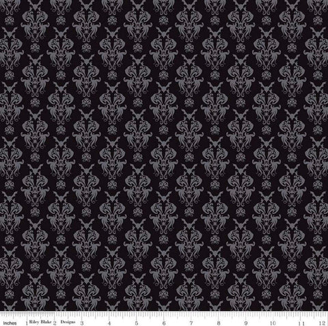 SALE Spooky Hollow Damask C10571 Black - Riley Blake Designs - Halloween Bats Spiders Spooky Eyes - Quilting Cotton Fabric