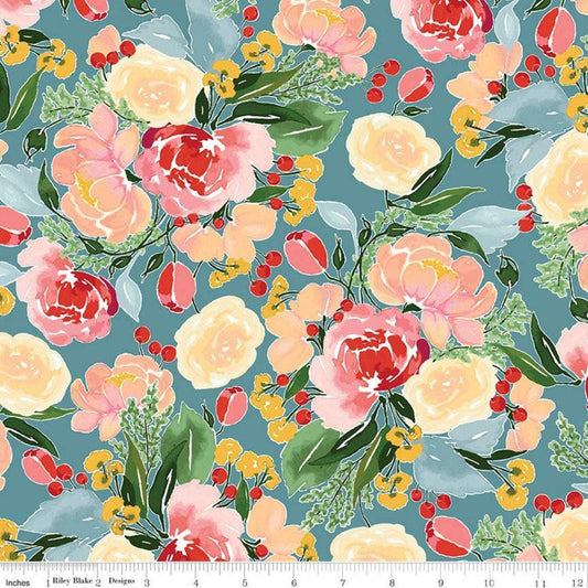 8" End of Bolt - Mon Cheri Main C12650 Lake - Riley Blake Designs - Floral Flowers Blossoms Leaf Leaves - Quilting Cotton Fabric