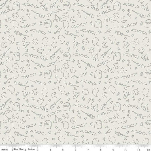 DEAL Spooky Hollow Icons SC10574 Eggshell SPARKLE - Riley Blake Designs - Halloween Pumpkins Ghosts Silver SPARKLE - Quilting Cotton Fabric