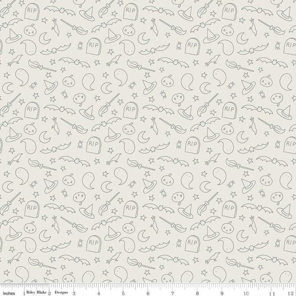 SALE Spooky Hollow Icons SC10574 Eggshell SPARKLE - Riley Blake Designs - Halloween Pumpkins Ghosts Silver SPARKLE - Quilting Cotton Fabric