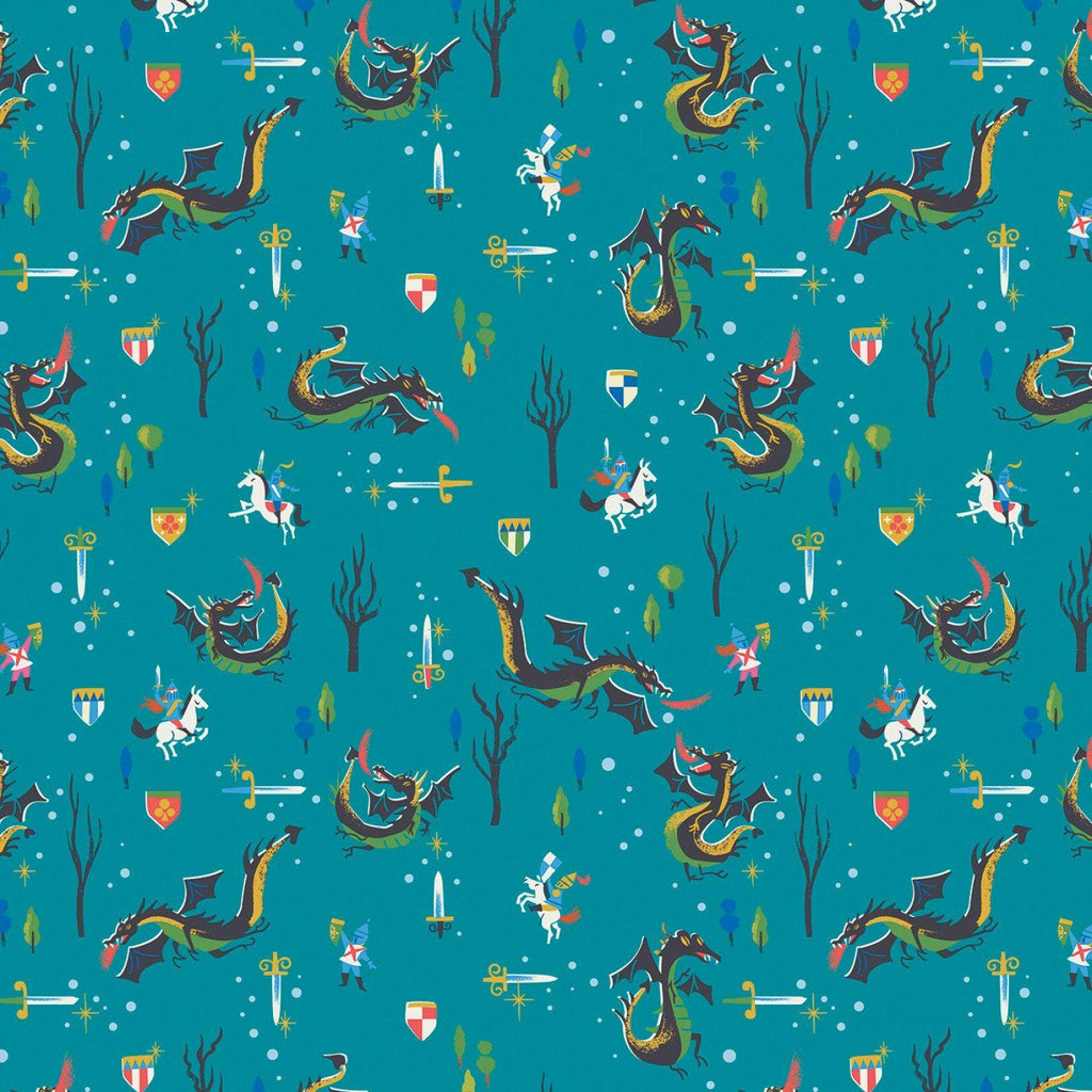 12" End of Bolt - CLEARANCE Little Brier Rose Dragons SC11072 Teal - Riley Blake - Knights Antique Gold SPARKLE - Quilting Cotton Fabric