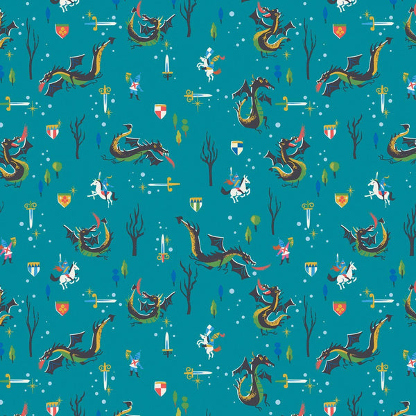 12" End of Bolt - CLEARANCE Little Brier Rose Dragons SC11072 Teal - Riley Blake - Knights Antique Gold SPARKLE - Quilting Cotton Fabric