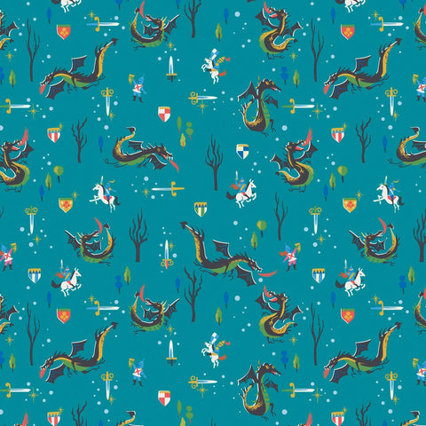 12" End of Bolt - CLEARANCE Little Brier Rose Dragons SC11072 Teal - Riley Blake - Knights Antique Gold SPARKLE - Quilting Cotton Fabric