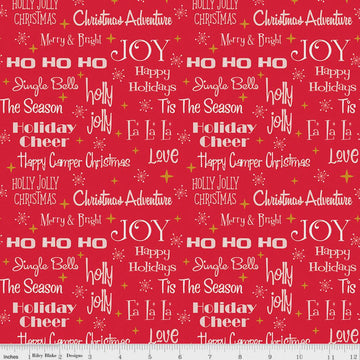 11" End of Bolt - Christmas Adventure Phrases SC10731 Scarlet SPARKLE - Riley Blake - Camping Text Snowflakes Gold - Quilting Cotton Fabric
