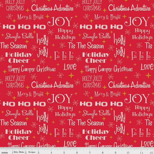 11" End of Bolt - Christmas Adventure Phrases SC10731 Scarlet SPARKLE - Riley Blake - Camping Text Snowflakes Gold - Quilting Cotton Fabric