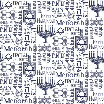 SALE Festival of Lights Symbols C9651 White - Riley Blake - Hanukkah Star of David Words - Quilting Cotton Fabric