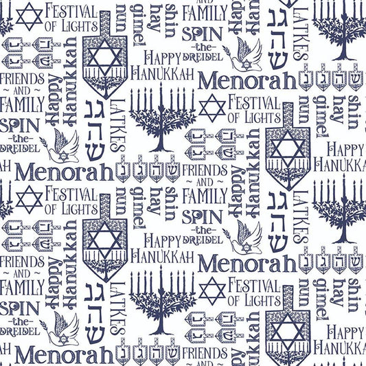 SALE Festival of Lights Symbols C9651 White - Riley Blake - Hanukkah Star of David Words - Quilting Cotton Fabric