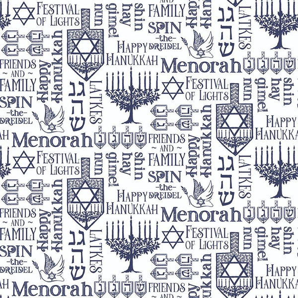 CLEARANCE Festival of Lights Symbols C9651 White - Riley Blake - Hanukkah Star of David Words - Quilting Cotton Fabric