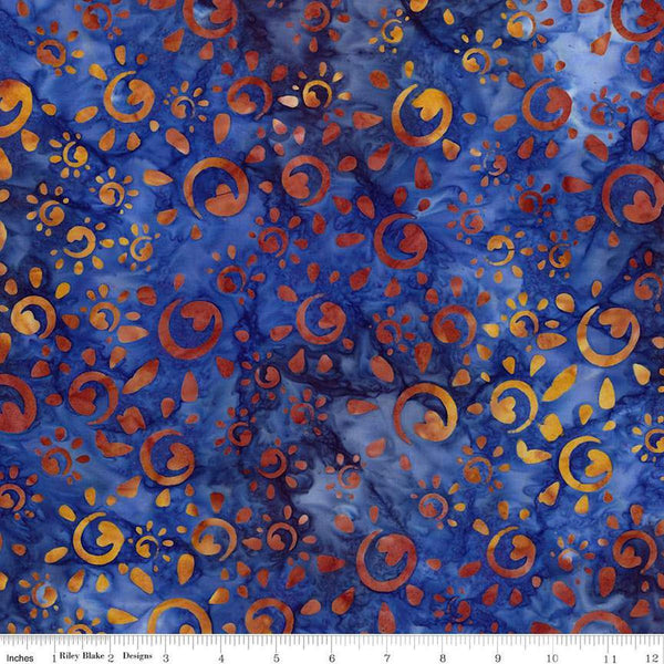 Image of Expressions Batiks Places You&#39;ll Go Western Reflections Demin Bijou quilting cotton fabric by The RBD Designers for Riley Blake Designs. Features circles on a blue background. Cute Little Fabric Shop