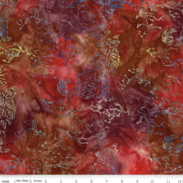 Image of Expressions Batiks Places You&#39;ll Go Western Reflections Cinnamon Grove quilting cotton fabric by The RBD Designers for Riley Blake Designs. Features shapes on a red background. Cute Little Fabric Shop