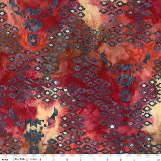 Image of Expressions Batiks Places You'll Go Western Reflections Autumn Leaves quilting cotton fabric by The RBD Designers for Riley Blake Designs. Features shapes on a red background. Cute Little Fabric Shop