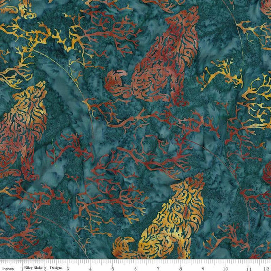 Image of Expressions Batiks Places You'll Go Western Reflections Spilled Tea quilting cotton fabric by The RBD Designers for Riley Blake Designs. Features animals on a blue background. Cute Little Fabric Shop
